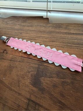 Personalized Pink Pacifier Clip with White Ruffle - Scarlett
